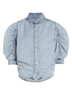Frame Ruched Puff-Sleeve Denim Shirt