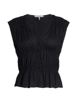 Frame Ruched V-Neck Cotton Blouse Noir