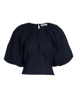 Frame Gathered Seam Puff-Sleeve Top Navy