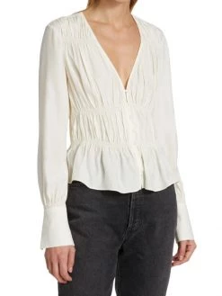 Frame Ruched V-Neck Silk Blouse -Frame Sales Store unnamed file 2640