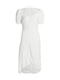 Frame Polka Dotted Gathered Keyhole Tie-Neck Dress