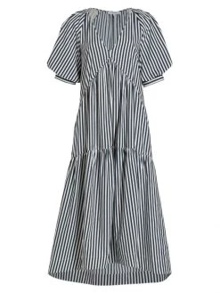 Frame Striped Puff-Sleeve Midi-Dress