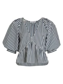 Frame Cropped Striped Puff-Sleeve Top